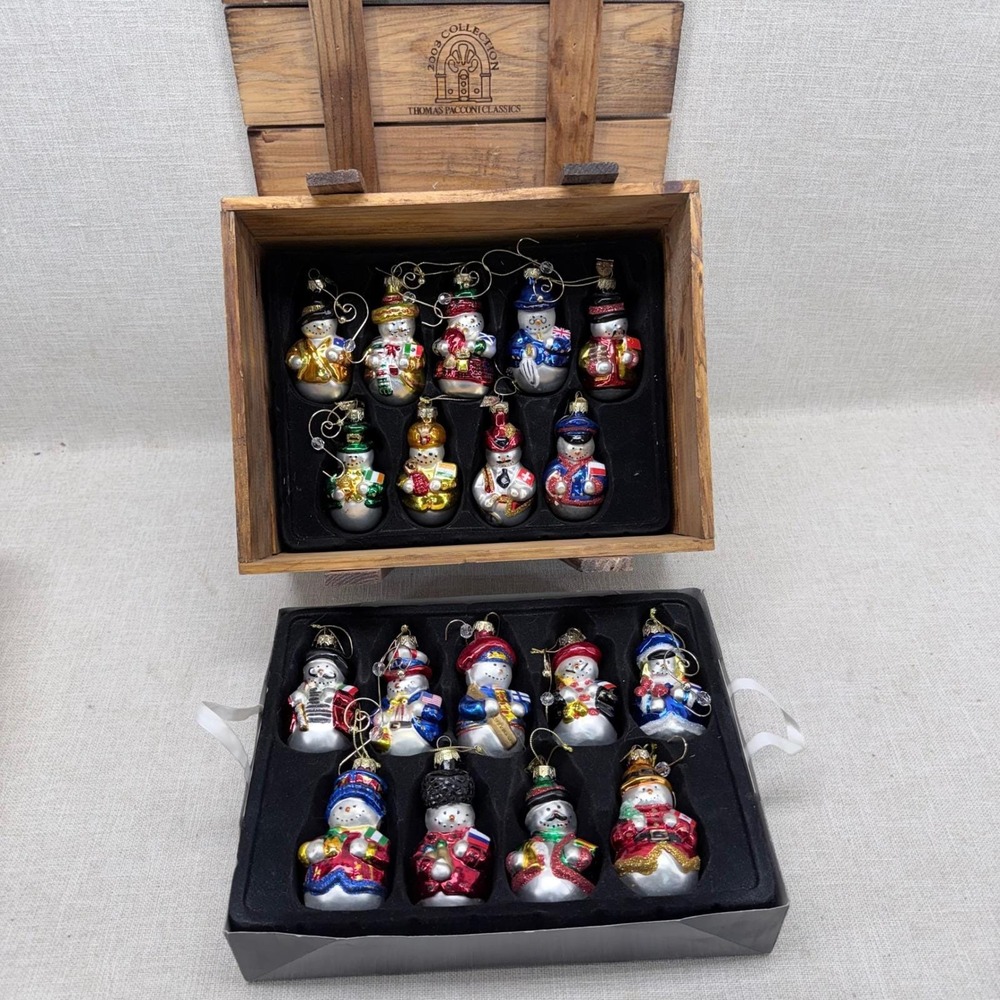 Thomas Pacconi 2003 Christmas Ornaments Set 18 Glass Snowmen International Crate